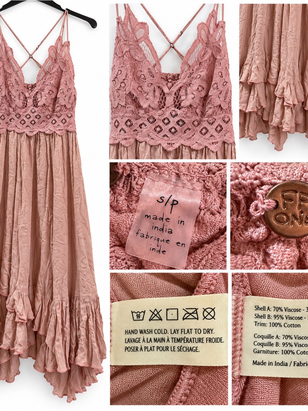 Free People Dusty Rose Lace-Trim Maxi Slip Dress